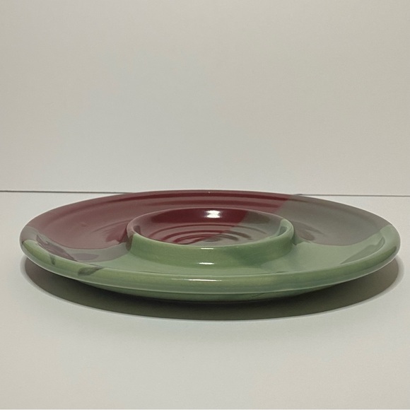 Follette Pottery Signed Bread And Oil Dipping Plate Burgundy Green 10.5" Round - Picture 5 of 5